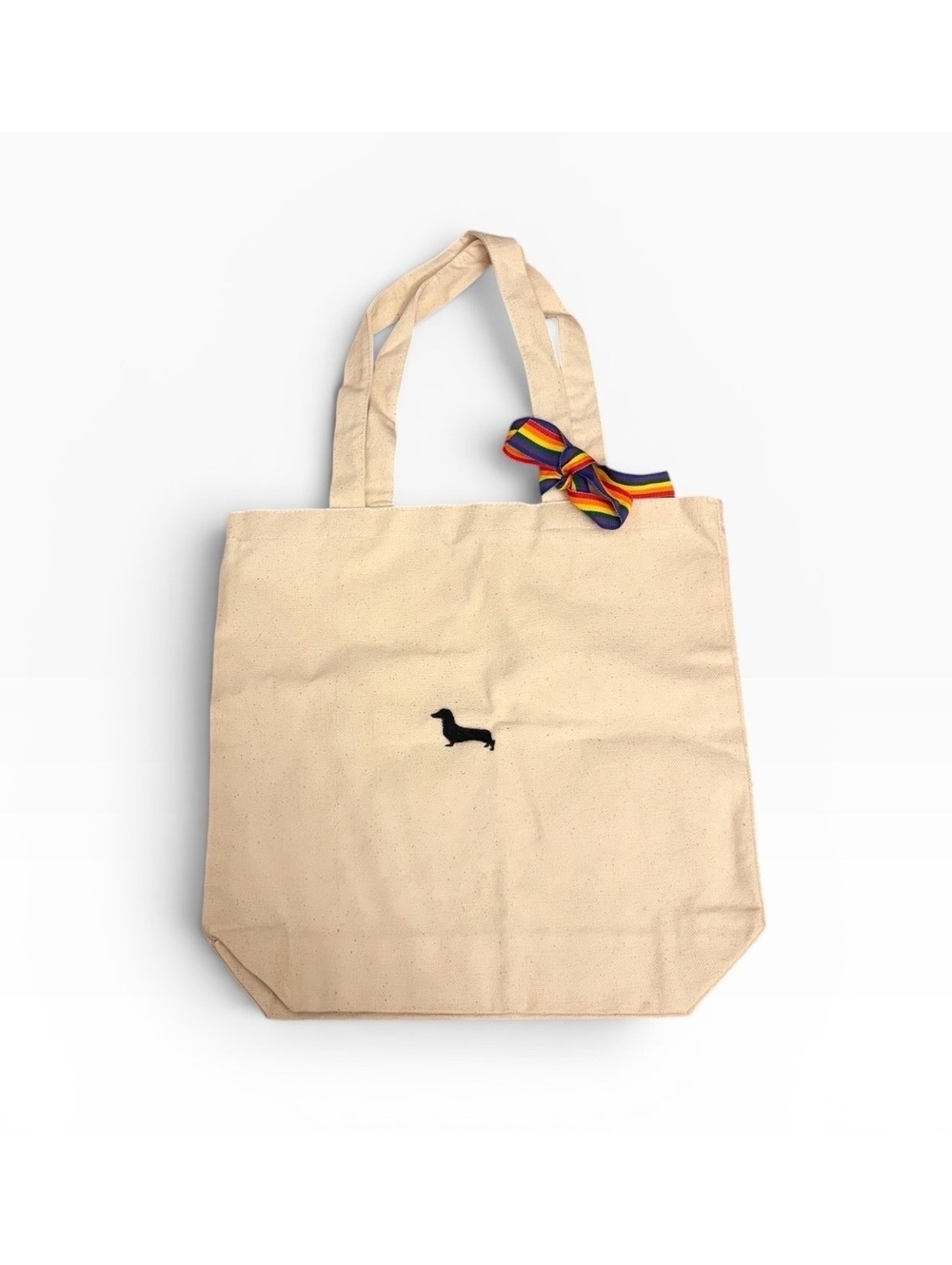 Beige Canvas Tote Bag with Dachshund Embroidery and Rainbow Bow